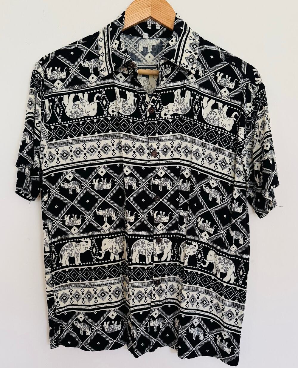 Elephant Tropical Hawaiian Black & White Unisex Lightweight Shirt Sz Small